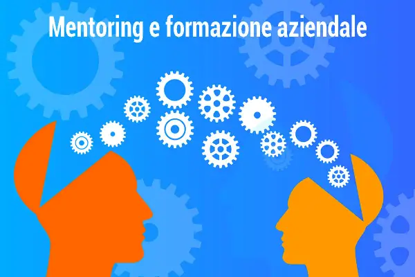Due profili arancioni stilizzati, con la testa aperta, si fronteggiano. In alto, ingranaggi bianchi simboleggiano il mentoring significato e la formazione aziendale.
